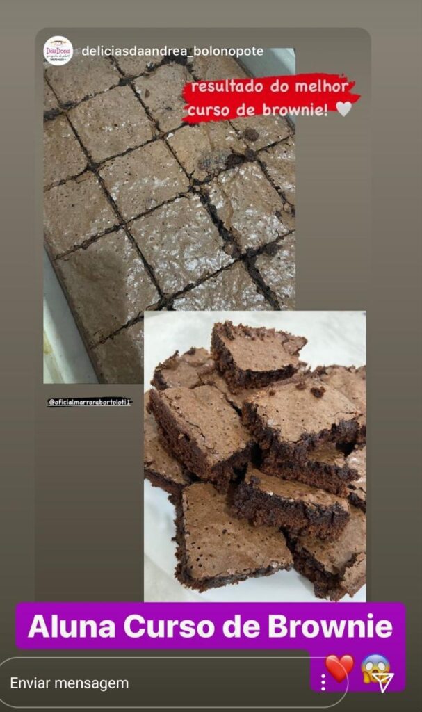 a satisfação da aluna com o resultado dos brownies que aprendeu no curso de brownies da Marrrara