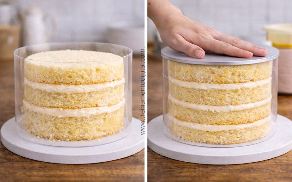 prensagem de bolo é uma das etapas para estruturar o bolo decorado